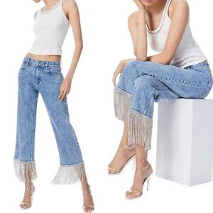 NEW Alice + Olivia Amazing Crystal Fringe Hem Jeans $695 Size 25 NWD